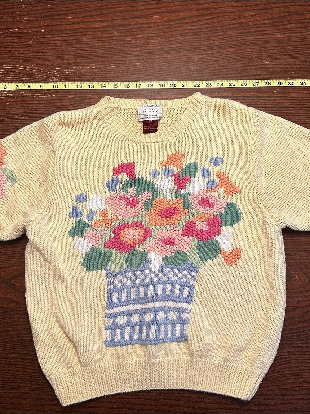 Susan Bristol Cream Crewneck Sweater with Pink, Orange & Green Floral Basket